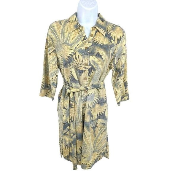 Soft Surroundings Tropical Shirt Dress Petite XS Linen Blend Belted Tie Beach - Picture 12 of 12